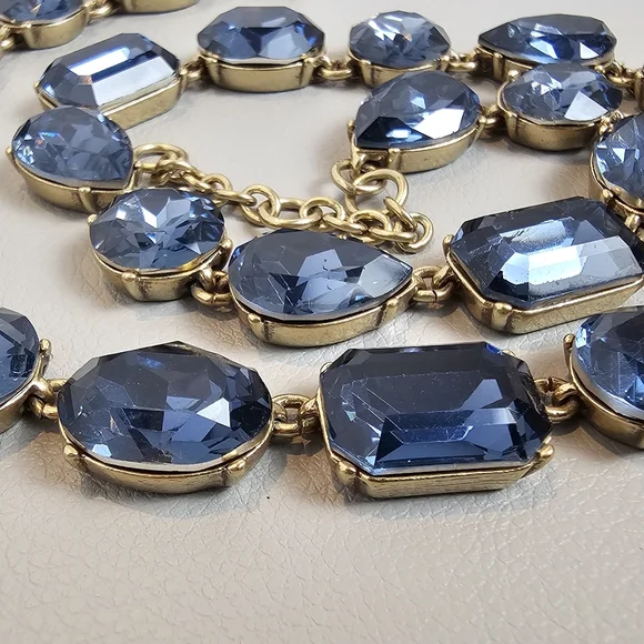 [J. Crew] Blue Crystal Multi Shaped Riviere Gold Toned Statement Necklace - Picture 9 of 16